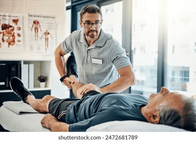 Physiotherapy, senior man and stretching for knee health, medical and consultant with injury support. Consultation, chiropractor and physical therapy with rehabilitation and care in doctor office - Powered by Shutterstock