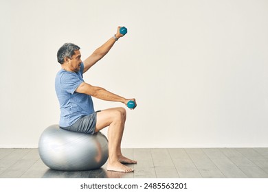 Physiotherapy, senior man and weights for balance, support and exercise and wellness for health or fitness. Pensioner, male person and body ball in recovery, rehabilitation clinic or retirement home - Powered by Shutterstock