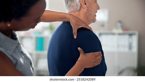 Physiotherapy, shoulder pain and senior man with chiropractor for wellness, health and mobility. Healthcare, clinic and person with patient for physical therapy, rehabilitation and medical support - Powered by Shutterstock