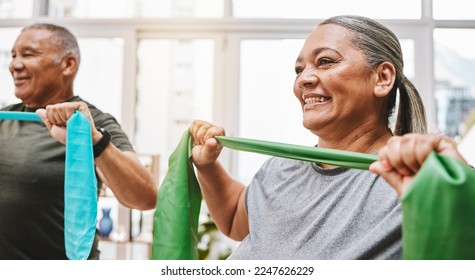 Physiotherapy, stretching band and senior couple with teamwork for muscle wellness, rehabilitation and support together. Elderly black people or friends smile in physical therapy with strong progress - Powered by Shutterstock