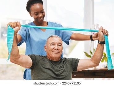 Physiotherapy support, stretching band and nurse with senior man for physical therapy, rehabilitation and healthcare help. Black woman chiropractor or physiotherapy doctor consulting elderly patient - Powered by Shutterstock