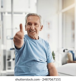 Physiotherapy, thumbs up and portrait of elderly man for rehabilitation, consulting and wellness. Chiropractor, healthcare and patient with emoji for thank you, success and happy for medical service - Powered by Shutterstock