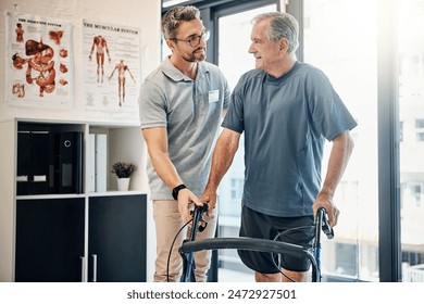 Physiotherapy, walking frame and senior man for rehabilitation, consulting and recovery. Healthcare, help and physical therapist with person with disability for medical service, wellness and support - Powered by Shutterstock