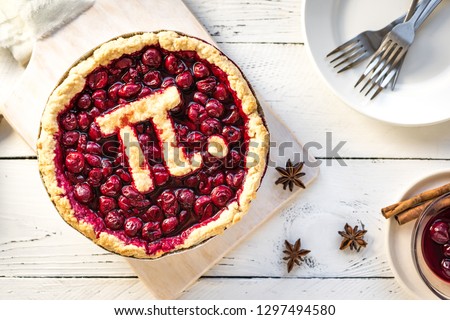 Pi Day Cherry Pie - Homemade Traditional Cherry Pie with Pi sign for March 14th holiday. Zdjęcia stock © 