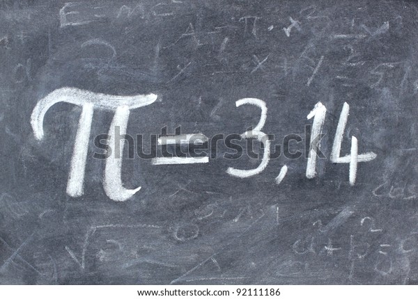 Pi\
number  3,14 handwritten with chalk on a\
blackboard