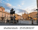 Piacenza city at sunset, Italy. Old town with piazza Cavalli (square horses), Governor