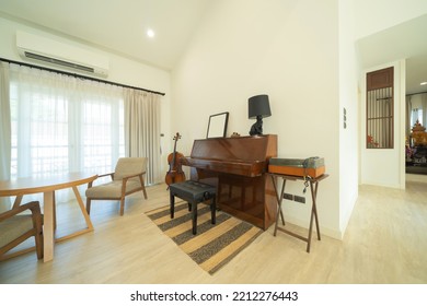 Piano And Cello Room At Home Or House For Party Music Performance. Interior Design. Entertainment. Celebration Event. People Lifestyle. Pianist Hobby.