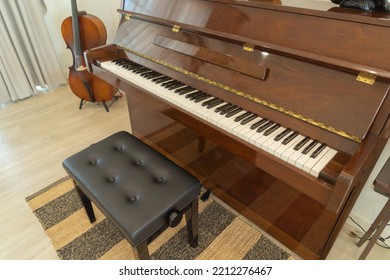 Piano And Cello Room At Home Or House For Party Music Performance. Interior Design. Entertainment. Celebration Event. People Lifestyle. Pianist Hobby.