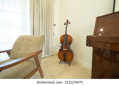 Piano And Cello Room At Home Or House For Party Music Performance. Interior Design. Entertainment. Celebration Event. People Lifestyle. Pianist Hobby.