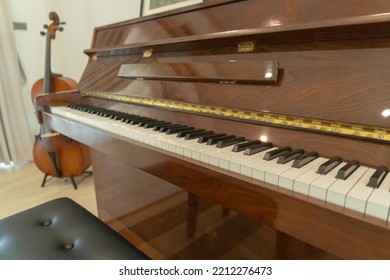 Piano And Cello Room At Home Or House For Party Music Performance. Interior Design. Entertainment. Celebration Event. People Lifestyle. Pianist Hobby.