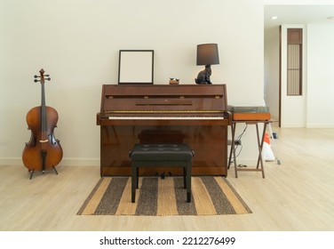 Piano And Cello Room At Home Or House For Party Music Performance. Interior Design. Entertainment. Celebration Event. People Lifestyle. Pianist Hobby.