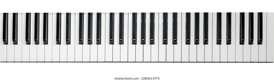 Piano keyboard, flat top view. Horizontal image. Black and White Piano Keys Taken From Above as a Flat Lay Image