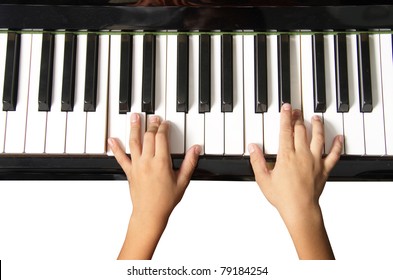 Piano Keyboard With Hands On White Background