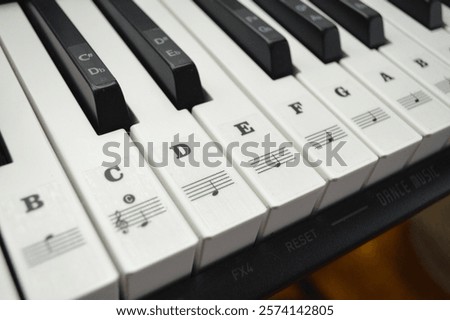 piano keys with note labels, letters for beginner musician, close piano top view from above
