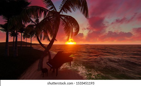 Piano on the beach in the sunset