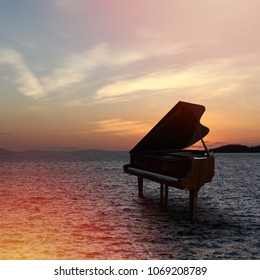 Piano outside shot at beach during sunset