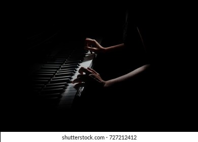 Piano Player. Pianist Hands Playing Grand Piano Keys. Music Instrument Close Up