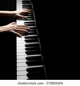 Piano Player. Pianist Playing Musical Instrument Close Up. Grand Piano With Hands Closeup