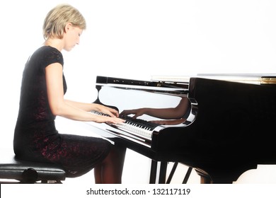 Piano Playing Pianist Player. Woman With Classical Musical Instrument Grand Piano