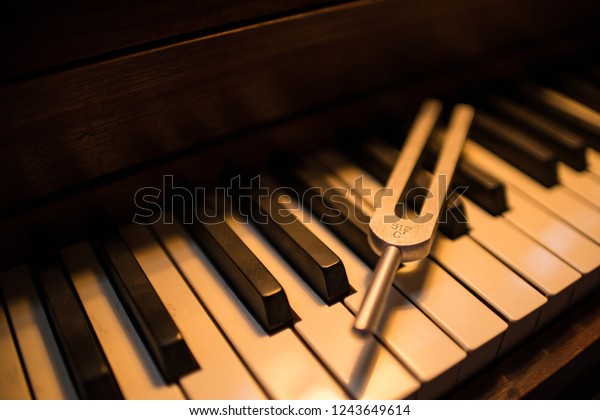 Piano tuning fork rests on the ivory keys with\
depth of field for\
background