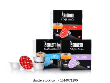 Piazza Brembana, Italy, January 12, 2020. Packs of Bialetti coffee capsules on white background