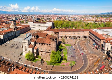 Piazza Castello or Castle Square aerial panoramic view, a main square in the centre of Turin city, Piedmont region of Italy