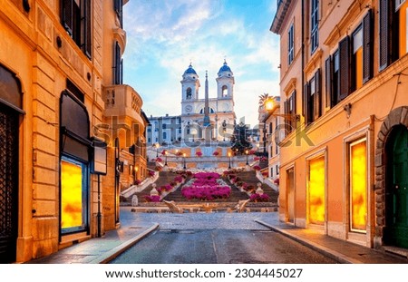 Piazza de Spagna in Rome, italy. Spanish steps in Rome, Italy in the morning. One of the most famous squares in Rome, Italy. Rome architecture and landmark. Via dei Condotti.