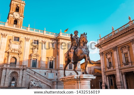 Piazza del Campidoglio in Rome, Italy, on the Capitolium hill, with the equestrian statue of the Roman emperor Marcus Aurelius, the Town Hall building and the Capitoline Museums in the background