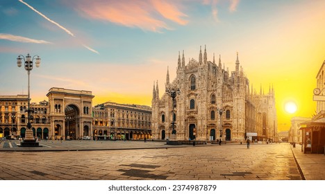 Piazza del Duomo, Cathedral Square, with Milan Cathedral or Duomo di Milano in the morning, Milan, Lombardia, Italy - Powered by Shutterstock