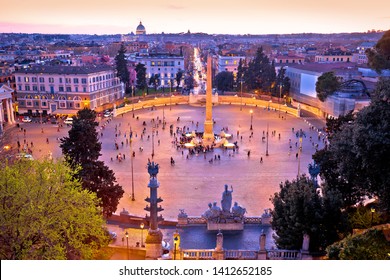 Piazza Del Popolo Or Peoples Square In Eternal City Of Rome Sunset View, Capital Of Italy