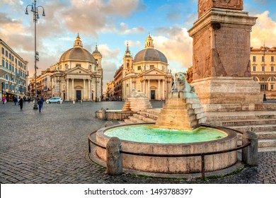 Piazza del Popolo (People's Square), Rome, Italy. Churches of Santa Maria in Montesanto and Santa Maria dei Miracoli. Egyptian obelisk of Ramesses II. Rome architecture and landmark.