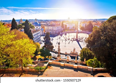 Piazza Del Popolo Or Peoples Square In Eternal City Of Rome Sun Haze View, Capital Of Italy