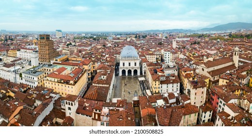 Piazza della Loggia aerial panoramic view, a one of the main squares of Brescia city in north Italy