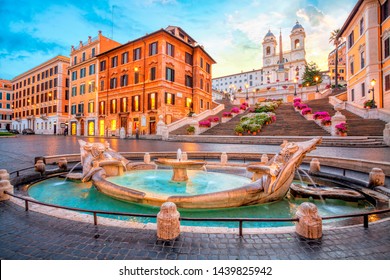 Piazza di Spagna in Rome, italy.  Spanish steps in Rome, Italy in the morning. One of the most famous squares in Rome, Italy. Rome architecture and landmark. - Shutterstock ID 1439825942