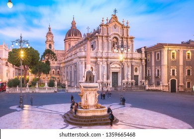 Piazza Duomo in Catania with the Cathedral of Santa Agatha and Liotru, symbol of Catania in the evening, Sicily,