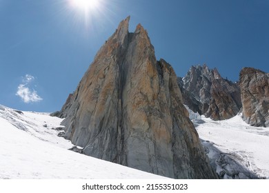 pic Adolphe Rey, a red granit rocky peak on the Mont Blanc glacier near Chamonix