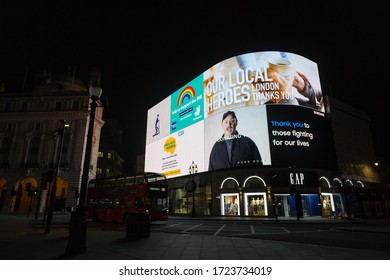 Piccadilly Circus, London, UK - May 3rd 2020: Messages Of Thanks Displayed On The Bright Billboards. Thank You NHS. Thank You Local Heroes.