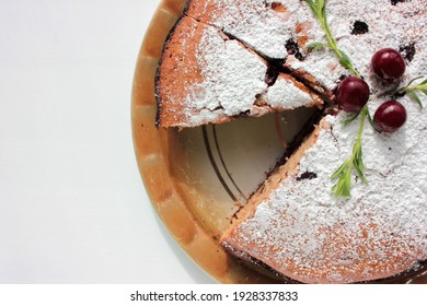 Pice Of Freshly Baked Cherry Cake On White Table Background. Overhead View Of Homemade Berry Pie. Selective Focus