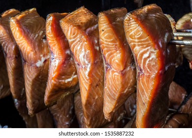 Pices Of Fish In A Smoking Oven.