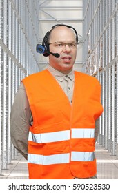 Pick By Voice Control Headset Man In Warehouse