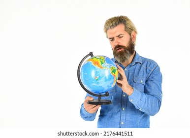 Pick Next Destination Point. Travel And Wanderlust. Bearded Man With Globe. Ecology Problem. Earth Day. Global And International Concept. Protect Earth. Eco Movement. Geography Teacher. Earth Globe