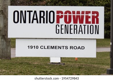 Pickering, Canada, April 9, 2021; Signage At A Ontario Power Generation Office In Pickering Near The Pickering Nuclear Power Plant