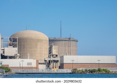 Pickering Canada, August 23, 2021; A close view of the exterior of one of generating units at the Ontario Power Generation Pickering Nuclear electric power plant on the shore of Lake Ontario near Toro