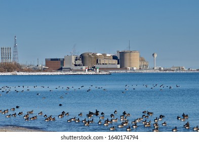 Pickering, Ontario, Canada - Febuary 8, 2020: Pickering Nuclear Power Station Located On Lake Ontario In Ontario, Canada.  Owned By Ontario Power Generation.