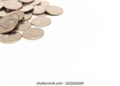 Pickering, Ontario/Canada - January 16 2020: Canadian Quarters Isolated On White Background With Copy Space.