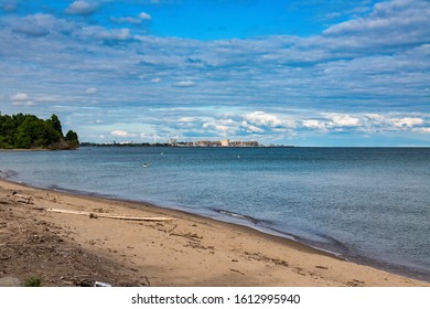 Pickering, Ontario/Canada - July 28, 2018: View Of The The Beautiful Beach With Nuclear Power Plant In The Background