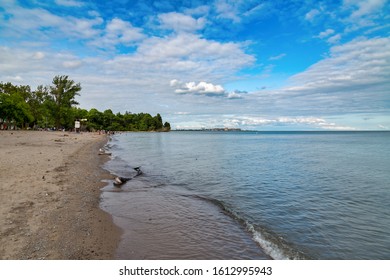 Pickering, Ontario/Canada - July 28, 2018: View Of The The Beautiful Beach With Nuclear Power Plant In The Background