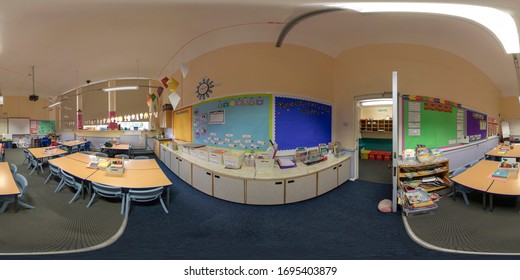Pickering UK, 1st Oct 2018: 360 Degree panoramic sphere photo taken at The Pickering Community Junior School showing typical British children's class room with desks and chairs.