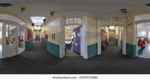 Pickering UK, 1st Oct 2018: 360 Degree Panoramic Sphere Photo Taken At The Pickering Community Junior School Showing The Inside Of The Schools Hall Ways