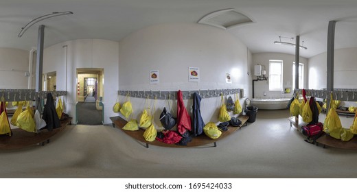 Pickering UK, 1st Oct 2018: 360 Degree Panoramic Sphere Photo Taken At The Pickering Community Junior School Showing The Inside Of The Schools Hall Ways And Cloak Rooms.